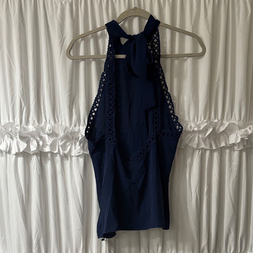 Navy Blue Backless Halter Top with Lace Details